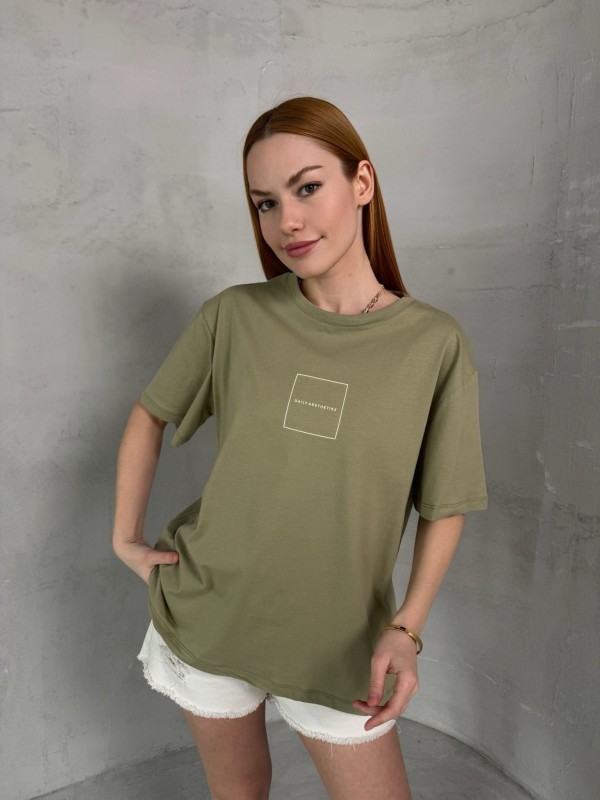 T-905 Haki Daily Kabartma Yazılı Bisiklet Yaka Tshirt