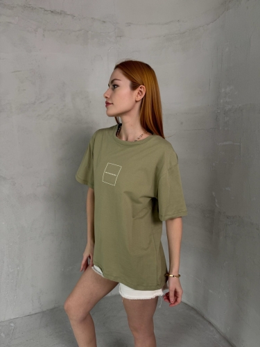 T-905 Haki Daily Kabartma Yazılı Bisiklet Yaka Tshirt - Thumbnail