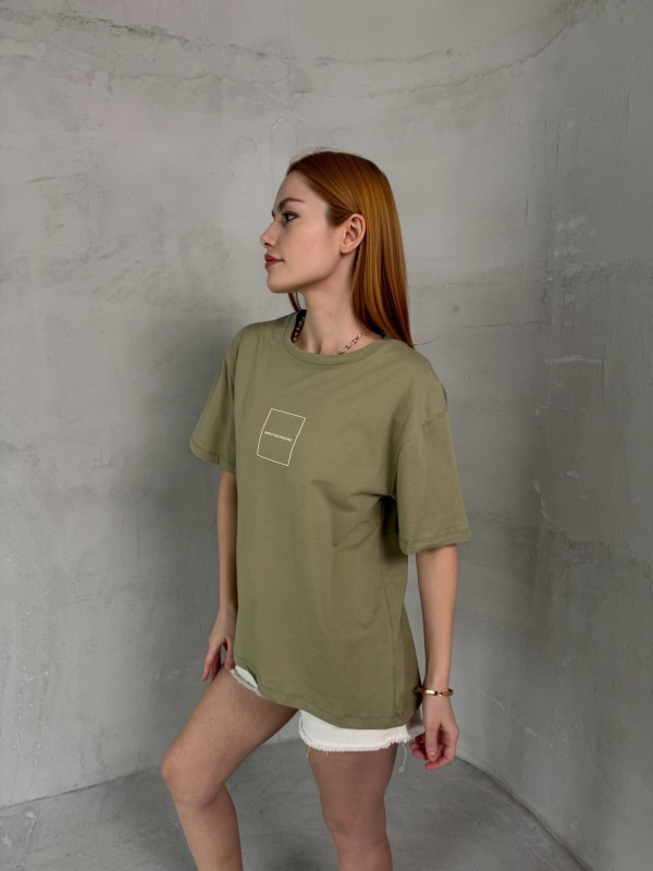 T-905 Haki Daily Kabartma Yazılı Bisiklet Yaka Tshirt