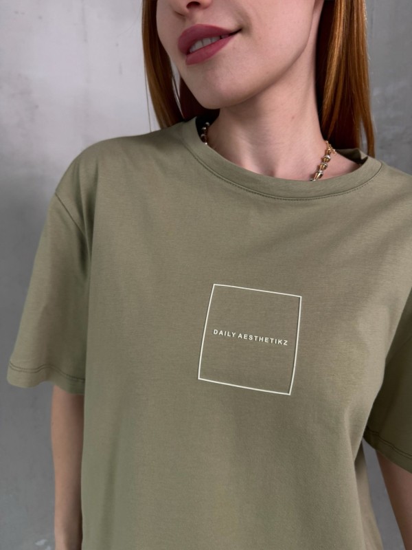 T-905 Haki Daily Kabartma Yazılı Bisiklet Yaka Tshirt