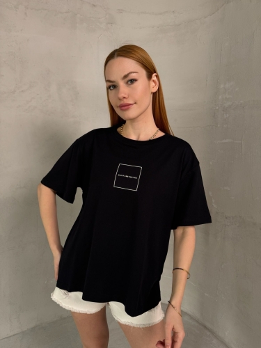 T-905 Siyah Daily Kabartma Yazılı Bisiklet Yaka Tshirt 