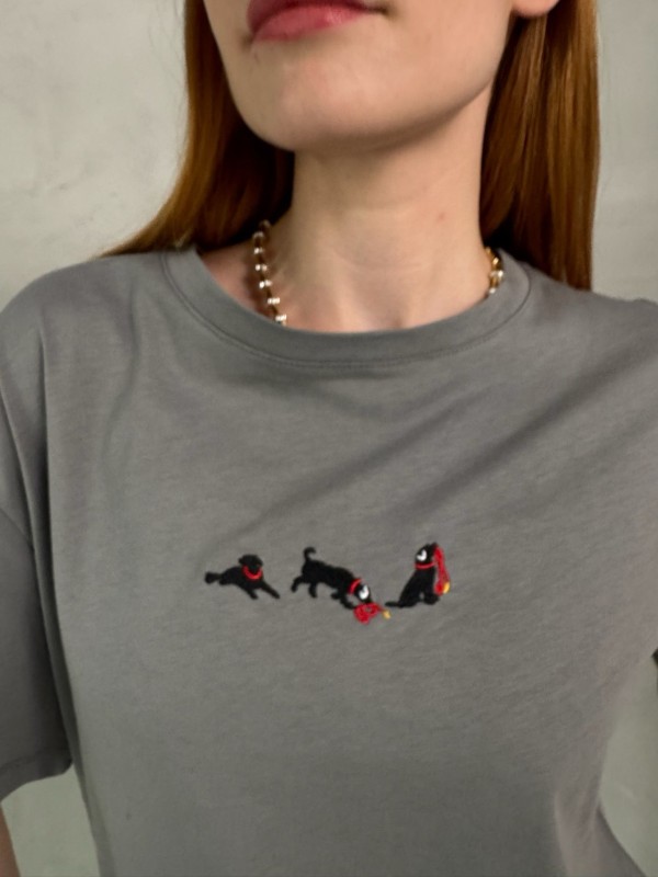 T-912 Füme Köpek Nakış İşlemeli Bisiklet Yaka Tişört