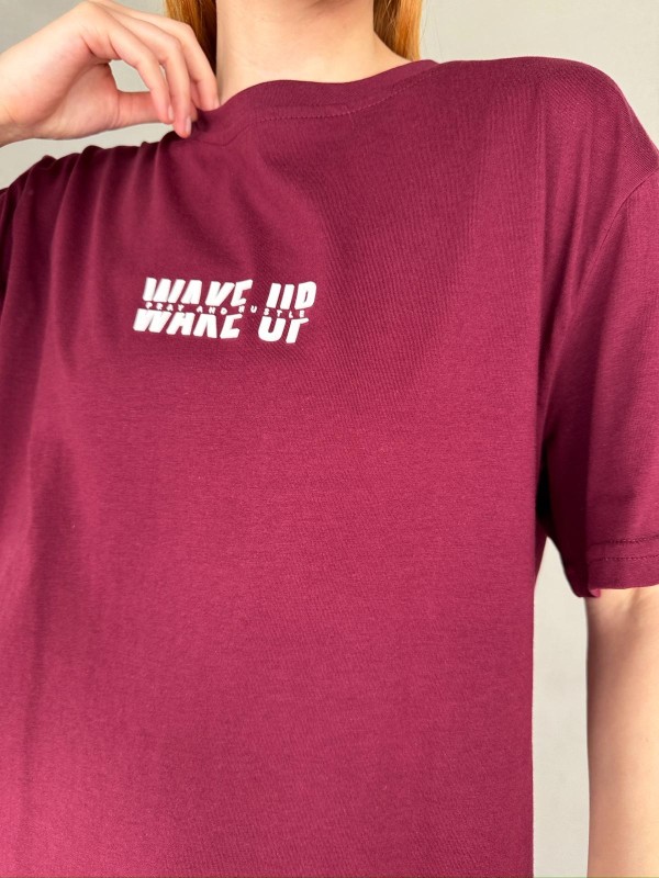 T-920 Bordo Wake Up Yazılı Enjeksiyon Baskı Bisiklet Yaka Tişört