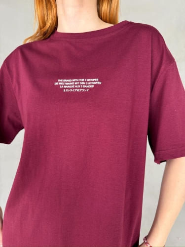 Cappmoda - T-921 Bordo The Brand Yazılı Enjeksiyon Baskı Bisiklet Yaka Tişört (1)