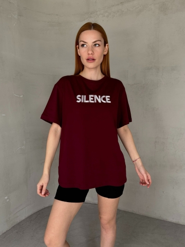 T-922 Bordo Beyaz Sılence Yazı Baskılı Salaş Pamuklu Tişört 