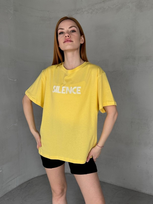 T-922 Sarı Beyaz Sılence Yazı Baskılı Salaş Pamuklu Tişört - 1