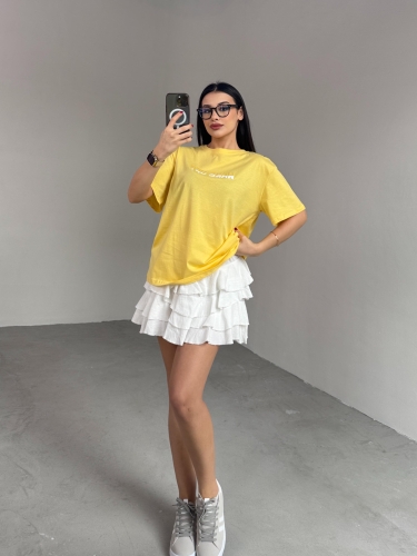 Cappmoda - T-923 Sarı Wake Up Kabartma Baskılı Salaş Pamuklu Tişört (1)