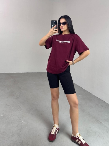 Cappmoda - T-924 Bordo Vıbes Kabartma Baskılı Salaş Pamuklu Tişört (1)