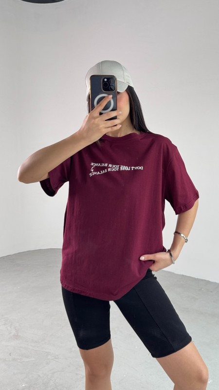 T-926 Bordo Dont Lose Yazılı Enjeksiyon Baskı Bisiklet Yaka Tişört