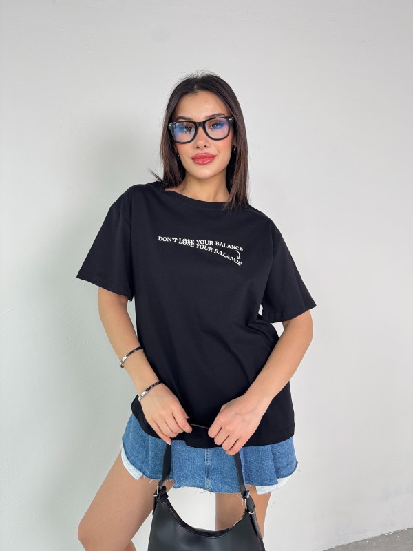 T-926 Siyah Dont Lose Yazılı Enjeksiyon Baskı Bisiklet Yaka Tişört