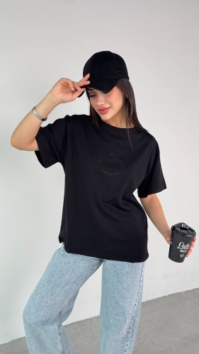 Cappmoda - T-927 Siyah Mınamal Yazılı Enjeksiyon Baskı Bisiklet Yaka Tişört (1)
