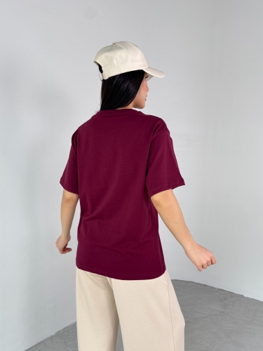 Cappmoda - T-928 Bordo Now Yazı Kabartma Baskılı Pamuklu Salaş Tişört (1)