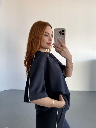 TKM-0020 Füme Yan Biyeli Oysh Kumaş Salaş Yarım Kol Bluz Palazzo Alt İkili Takı - Thumbnail
