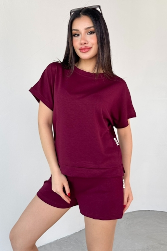 TKM-0021 Bordo T Kol Model Bisiklet Yaka Tişört Bel Lastikli İp Bağlamalı Cepli Şort İkili Takım 