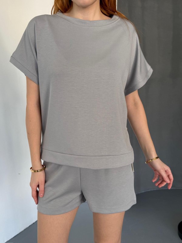 TKM-0021 Boyama Gri T Kol Model Bisiklet Yaka Tişört Bel Lastikli İp Bağlamalı Cepli Şort İkili Takım - 2