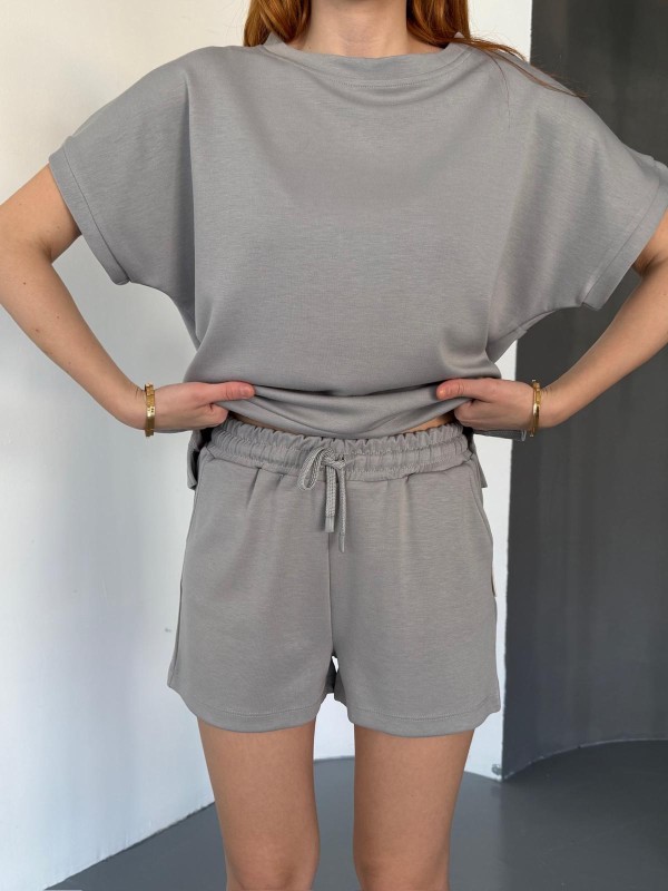 TKM-0021 Boyama Gri T Kol Model Bisiklet Yaka Tişört Bel Lastikli İp Bağlamalı Cepli Şort İkili Takım - 3