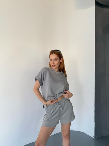 TKM-0021 Boyama Gri T Kol Model Bisiklet Yaka Tişört Bel Lastikli İp Bağlamalı Cepli Şort İkili Takım - 1