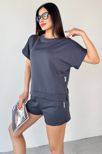 TKM-0021 Füme T Kol Model Bisiklet Yaka Tişört Bel Lastikli İp Bağlamalı Cepli Şort İkili Takım 