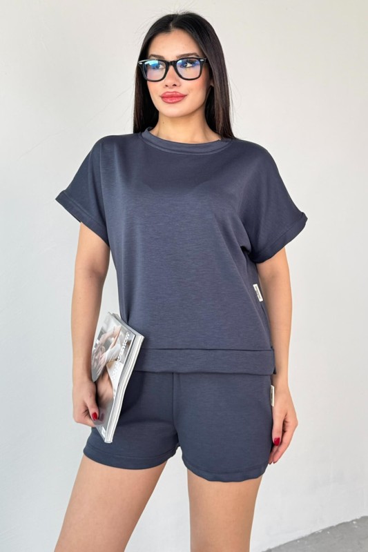 TKM-0021 Füme T Kol Model Bisiklet Yaka Tişört Bel Lastikli İp Bağlamalı Cepli Şort İkili Takım - 2