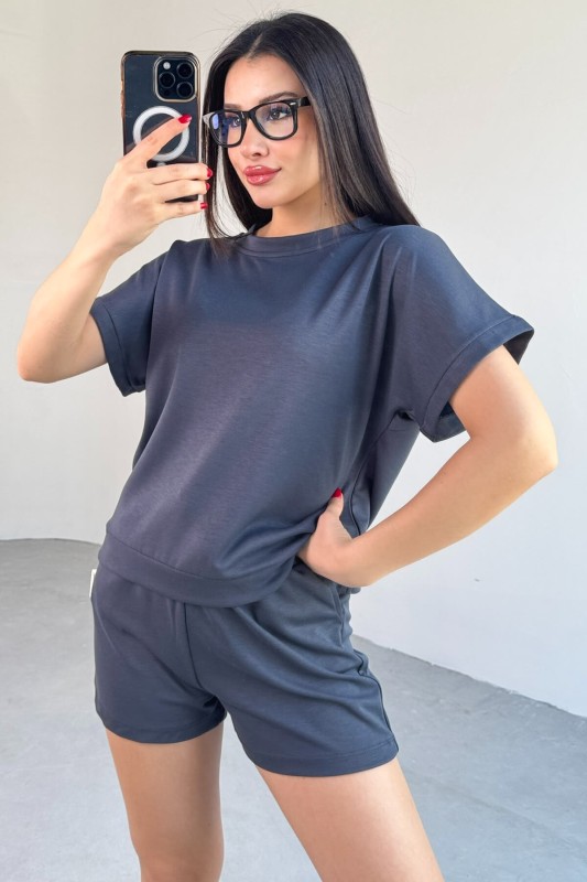 TKM-0021 Füme T Kol Model Bisiklet Yaka Tişört Bel Lastikli İp Bağlamalı Cepli Şort İkili Takım - 3