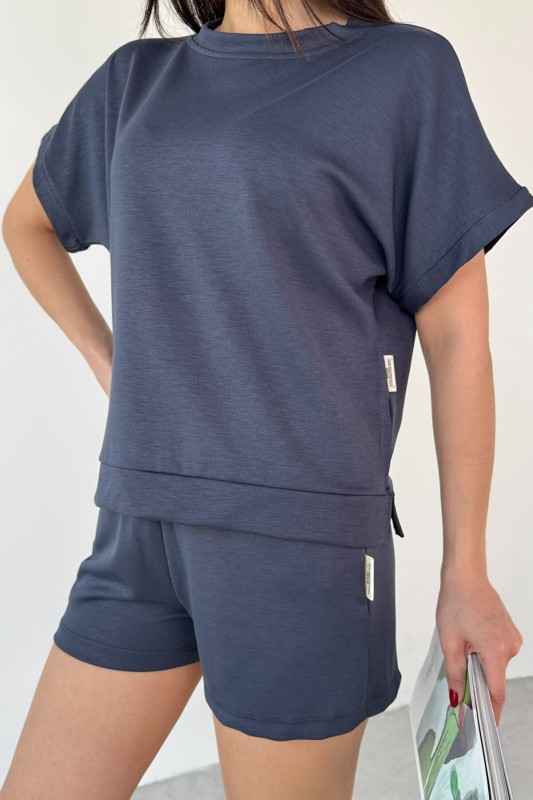 TKM-0021 Füme T Kol Model Bisiklet Yaka Tişört Bel Lastikli İp Bağlamalı Cepli Şort İkili Takım - 5