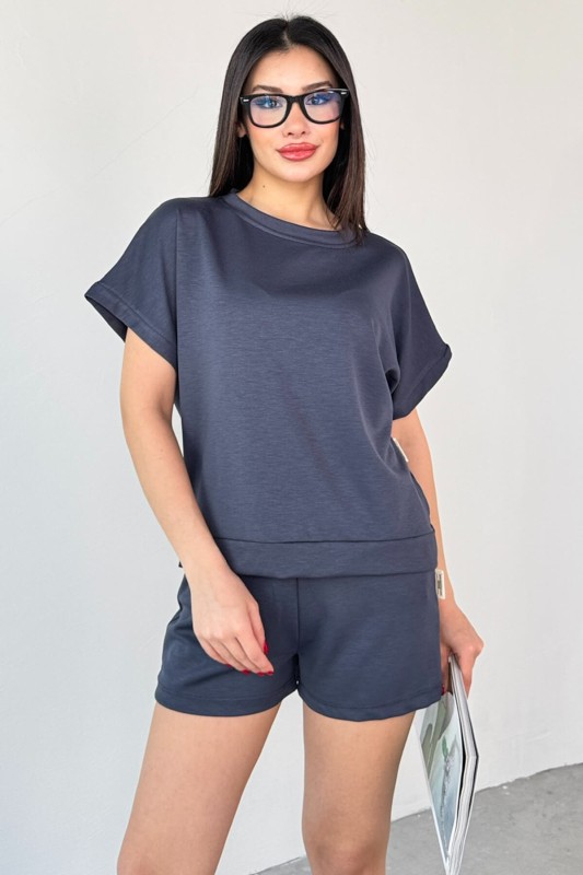 TKM-0021 Füme T Kol Model Bisiklet Yaka Tişört Bel Lastikli İp Bağlamalı Cepli Şort İkili Takım - 6