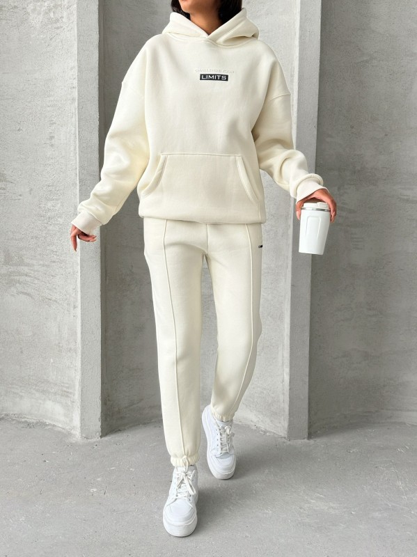 TKM-0022 Ekru Lımıts Kabartma Baskılı Salaş Kapüşonlu Sweatshirt Jogger Eşofman Üç İplik Şardonlu İkili Takım - 1