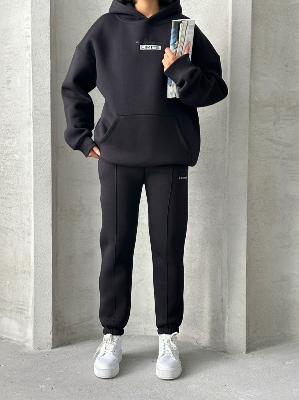 TKM-0022 Siyah Lımıts Kabartma Baskılı Salaş Kapüşonlu Sweatshirt Jogger Eşofman Üç İplik Şardonlu İkili Takım - 1