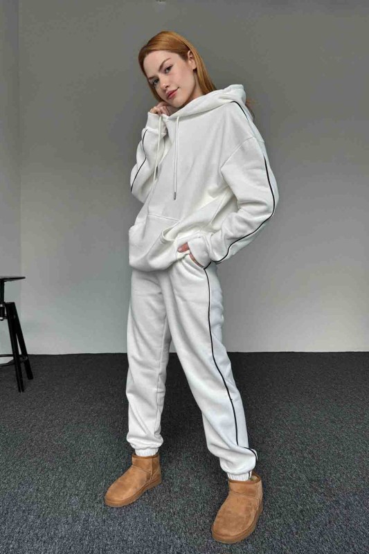 TKM-0029 Beyaz Kapüşonlu Biyeli İki İplik Şardonlu Sweatshirt Jogger İkili Takım - 1