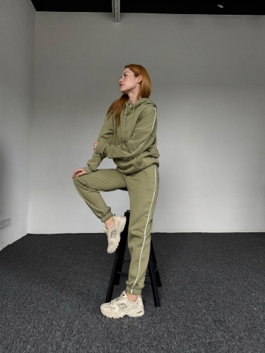 TKM-0029 Haki Kapüşonlu Biyeli İki İplik Şardonlu Sweatshirt Jogger İkili Takım 
