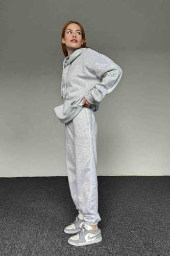 TKM-0029 Karmelanj Kapüşonlu Biyeli İki İplik Şardonlu Sweatshirt Jogger İkili Takım 