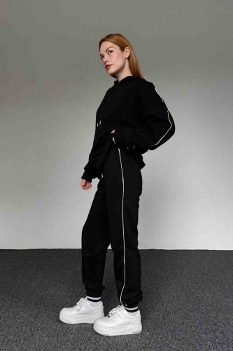 TKM-0029 Siyah Kapüşonlu Biyeli İki İplik Şardonlu Sweatshirt Jogger İkili Takım 