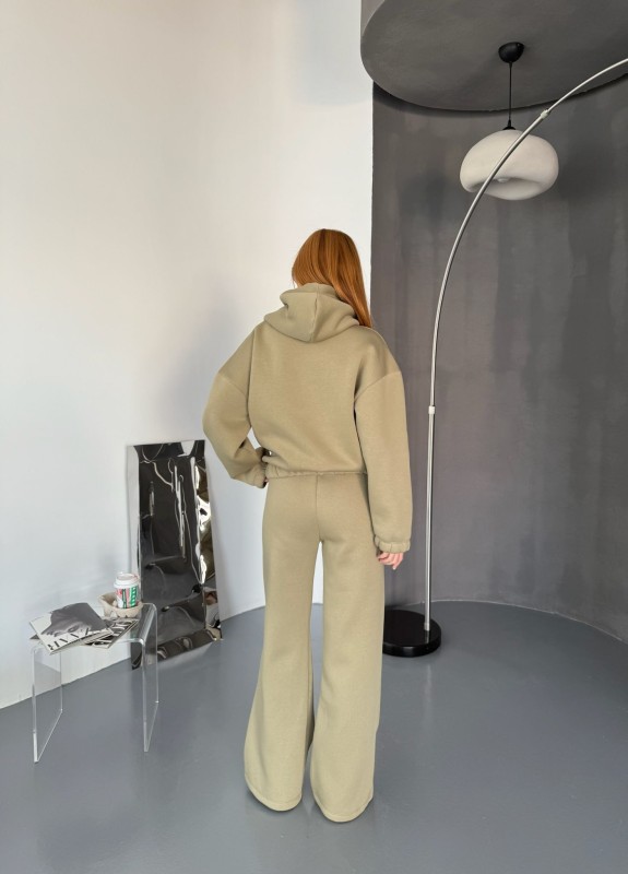 TKM-0037 Haki Dikiş Detaylı Kapüşonlu Sweatshirt Palazzo Eşofman Üç İplik Şardonlu İkili Takım - 4