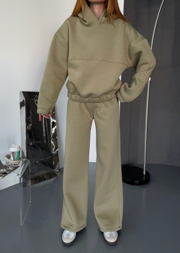 TKM-0037 Haki Dikiş Detaylı Kapüşonlu Sweatshirt Palazzo Eşofman Üç İplik Şardonlu İkili Takım - 3