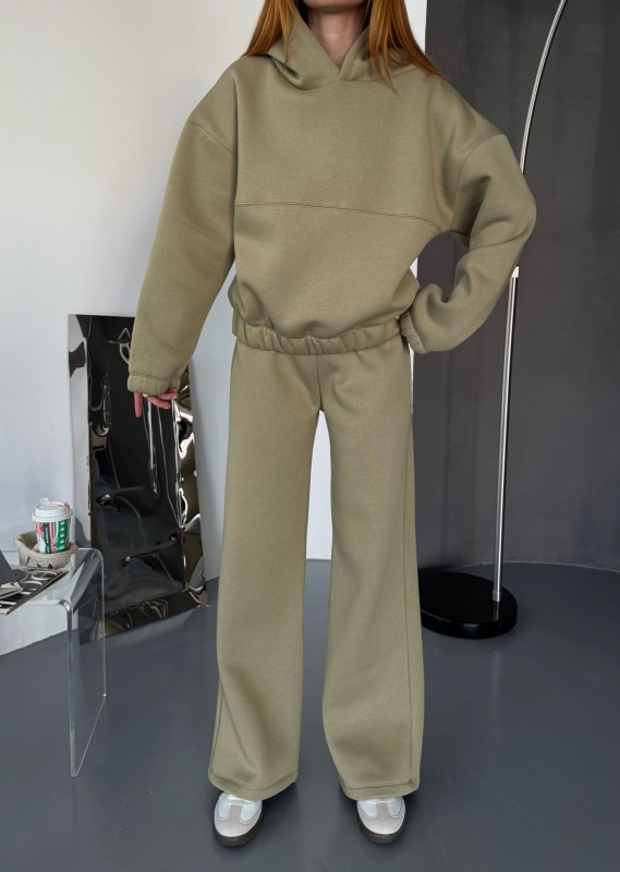 TKM-0037 Haki Dikiş Detaylı Kapüşonlu Sweatshirt Palazzo Eşofman Üç İplik Şardonlu İkili Takım - 3