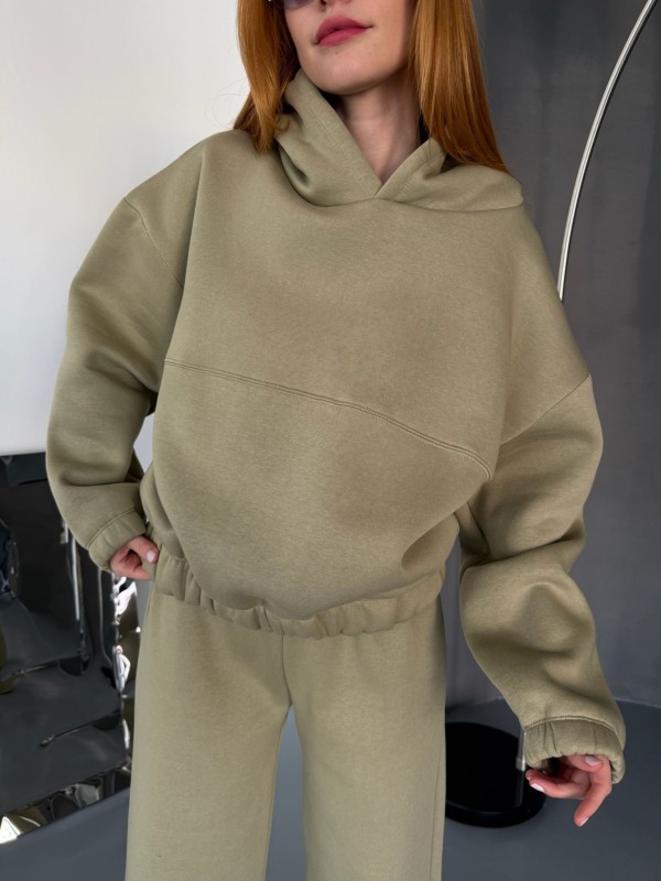 TKM-0037 Haki Dikiş Detaylı Kapüşonlu Sweatshirt Palazzo Eşofman Üç İplik Şardonlu İkili Takım - 2