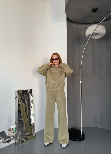 TKM-0037 Haki Dikiş Detaylı Kapüşonlu Sweatshirt Palazzo Eşofman Üç İplik Şardonlu İkili Takım 