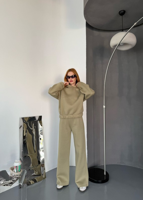 TKM-0037 Haki Dikiş Detaylı Kapüşonlu Sweatshirt Palazzo Eşofman Üç İplik Şardonlu İkili Takım - 1