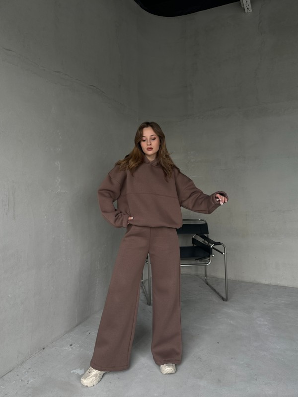 TKM-0037 Kahverengi Dikiş Detaylı Kapüşonlu Sweatshirt Palazzo Eşofman Üç İplik Şardonlu İkili Takım - 3
