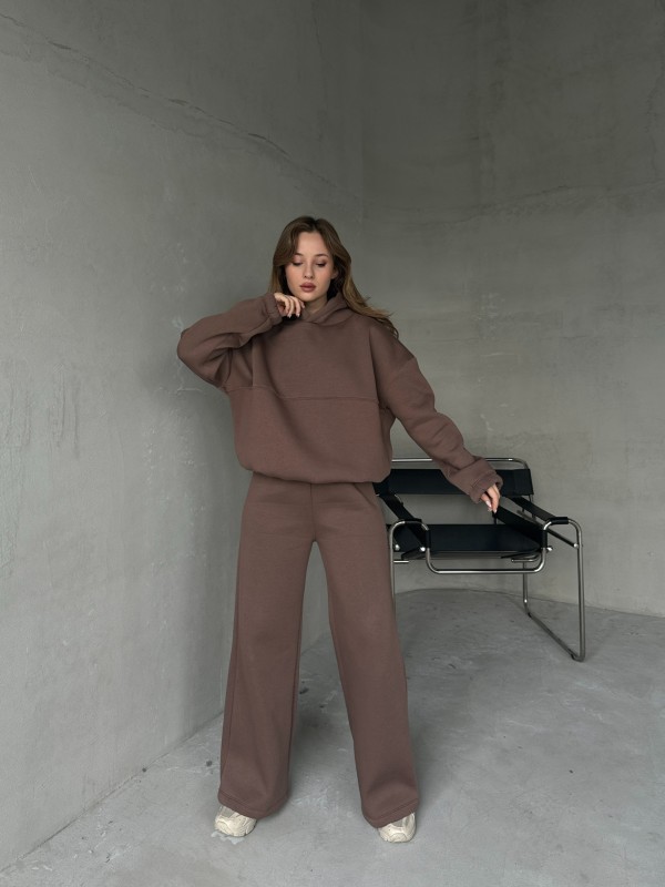 TKM-0037 Kahverengi Dikiş Detaylı Kapüşonlu Sweatshirt Palazzo Eşofman Üç İplik Şardonlu İkili Takım - 4