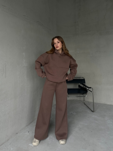 TKM-0037 Kahverengi Dikiş Detaylı Kapüşonlu Sweatshirt Palazzo Eşofman Üç İplik Şardonlu İkili Takım - 5