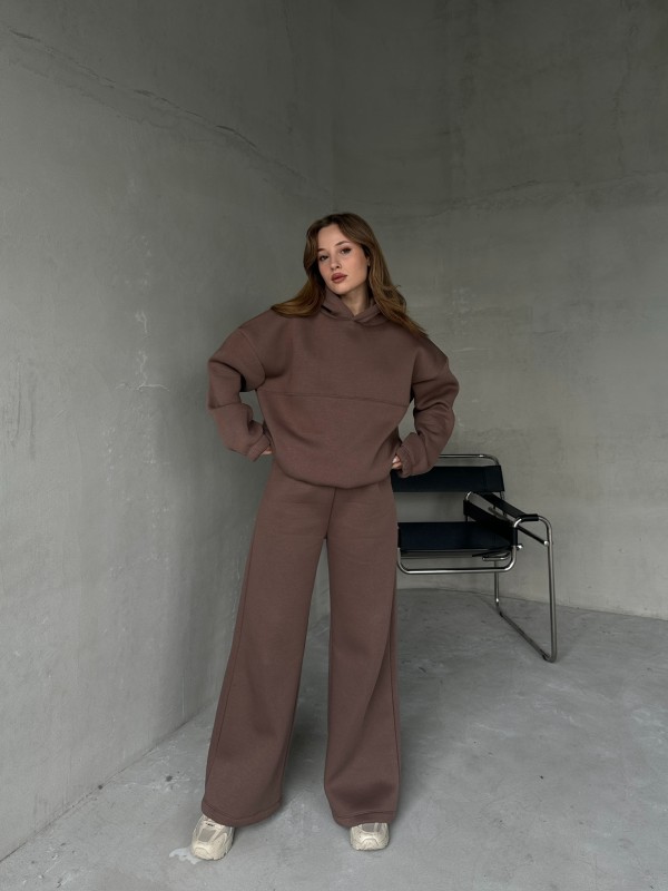 TKM-0037 Kahverengi Dikiş Detaylı Kapüşonlu Sweatshirt Palazzo Eşofman Üç İplik Şardonlu İkili Takım - 5