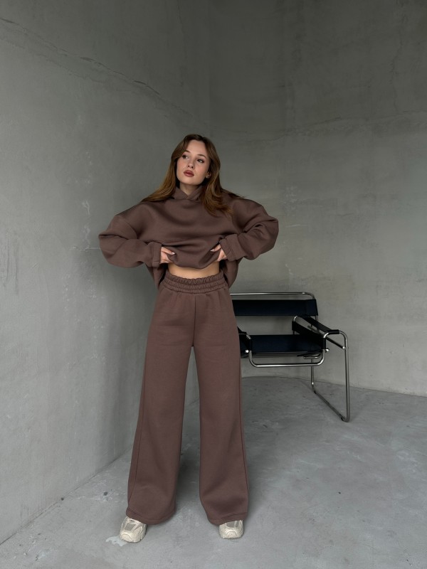 TKM-0037 Kahverengi Dikiş Detaylı Kapüşonlu Sweatshirt Palazzo Eşofman Üç İplik Şardonlu İkili Takım - 6