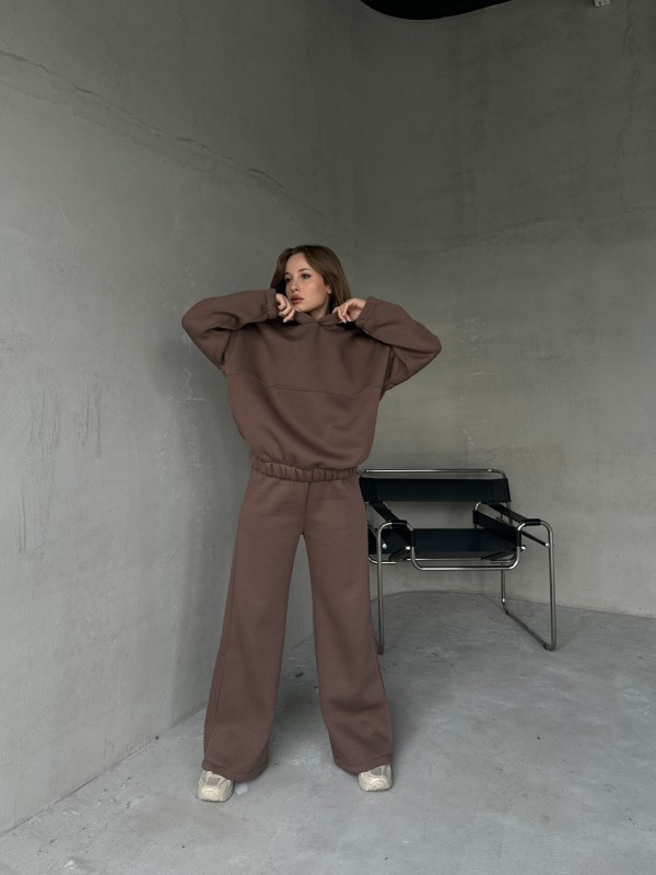 TKM-0037 Kahverengi Dikiş Detaylı Kapüşonlu Sweatshirt Palazzo Eşofman Üç İplik Şardonlu İkili Takım - 7