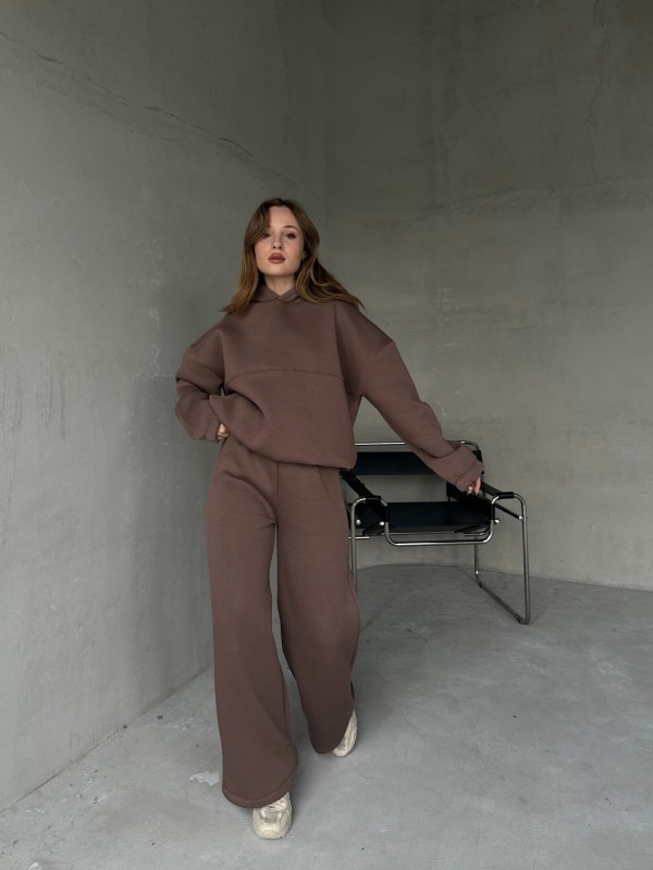 TKM-0037 Kahverengi Dikiş Detaylı Kapüşonlu Sweatshirt Palazzo Eşofman Üç İplik Şardonlu İkili Takım - 8