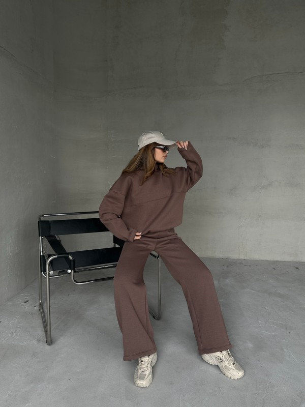 TKM-0037 Kahverengi Dikiş Detaylı Kapüşonlu Sweatshirt Palazzo Eşofman Üç İplik Şardonlu İkili Takım - 9