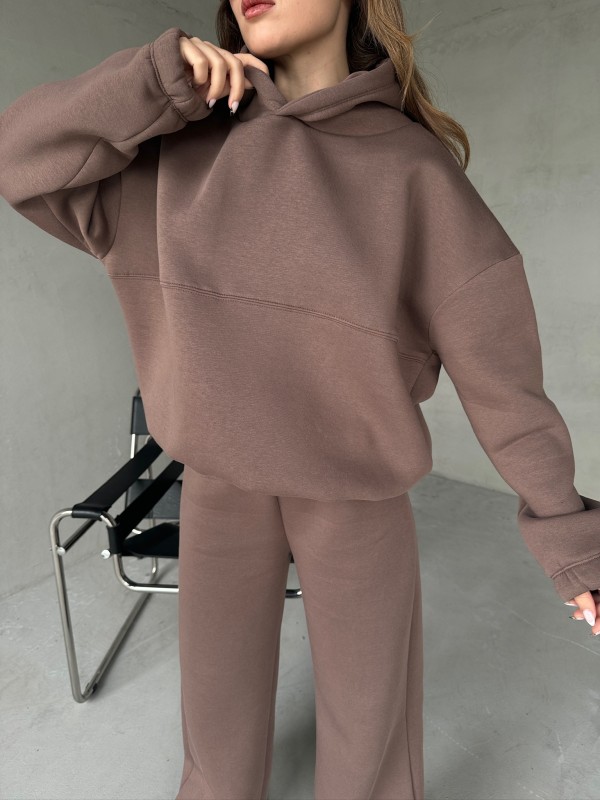 TKM-0037 Kahverengi Dikiş Detaylı Kapüşonlu Sweatshirt Palazzo Eşofman Üç İplik Şardonlu İkili Takım - 2
