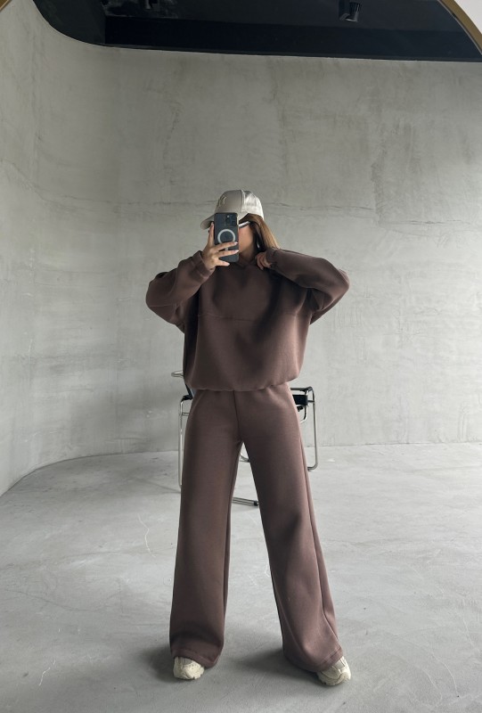 TKM-0037 Kahverengi Dikiş Detaylı Kapüşonlu Sweatshirt Palazzo Eşofman Üç İplik Şardonlu İkili Takım - 10