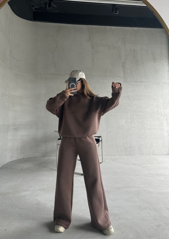TKM-0037 Kahverengi Dikiş Detaylı Kapüşonlu Sweatshirt Palazzo Eşofman Üç İplik Şardonlu İkili Takım - 1