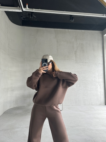 TKM-0037 Kahverengi Dikiş Detaylı Kapüşonlu Sweatshirt Palazzo Eşofman Üç İplik Şardonlu İkili Takım - 11